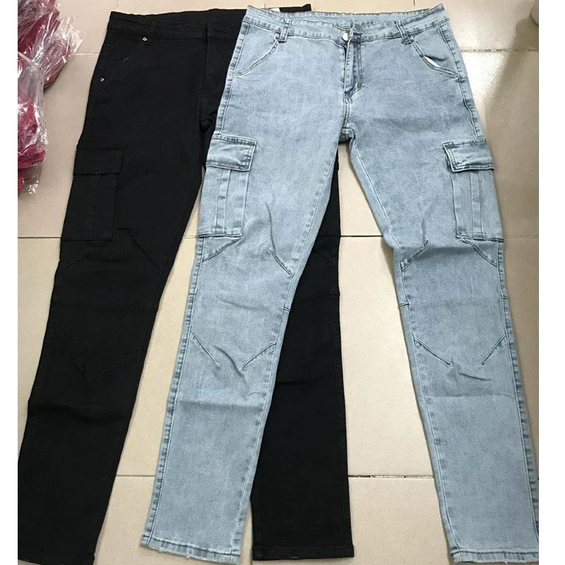 Men's Solid Wash Mid-Waist Multi-Pocket Denim Cargo Jeans