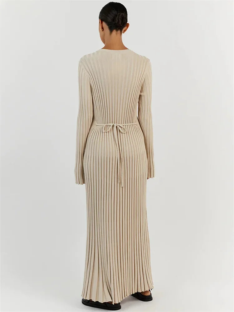 Women's Lace-Up Knit Maxi Dress 2026, High-Waist Long Sleeve Bandage