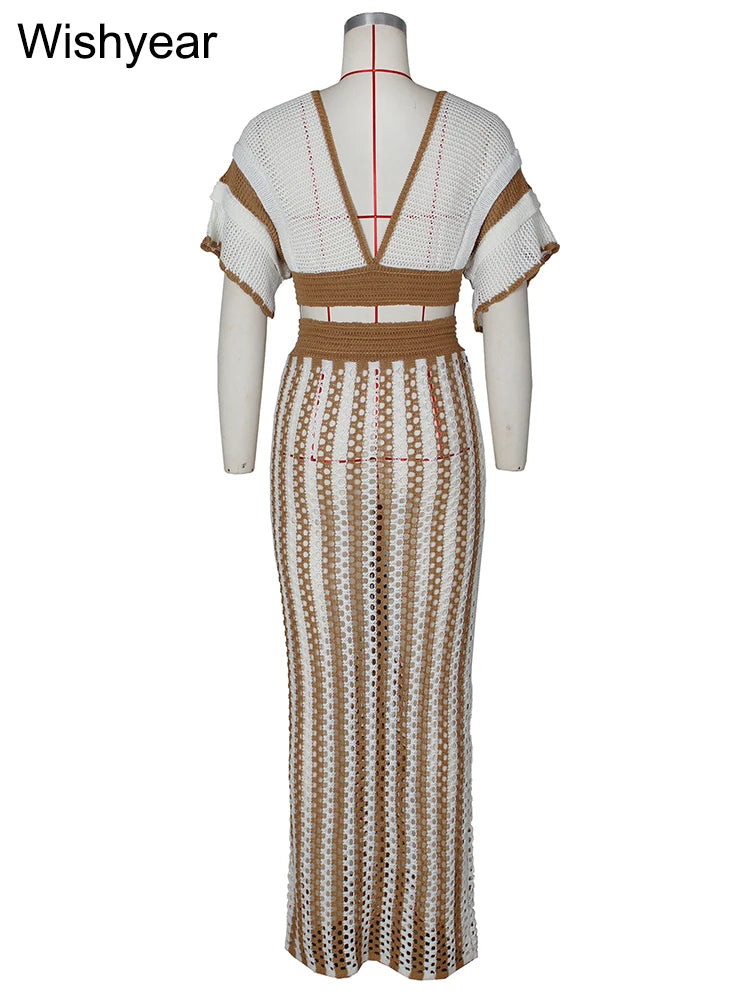Women's Black Stripe Crochet Crop Top and Long Skirt Set