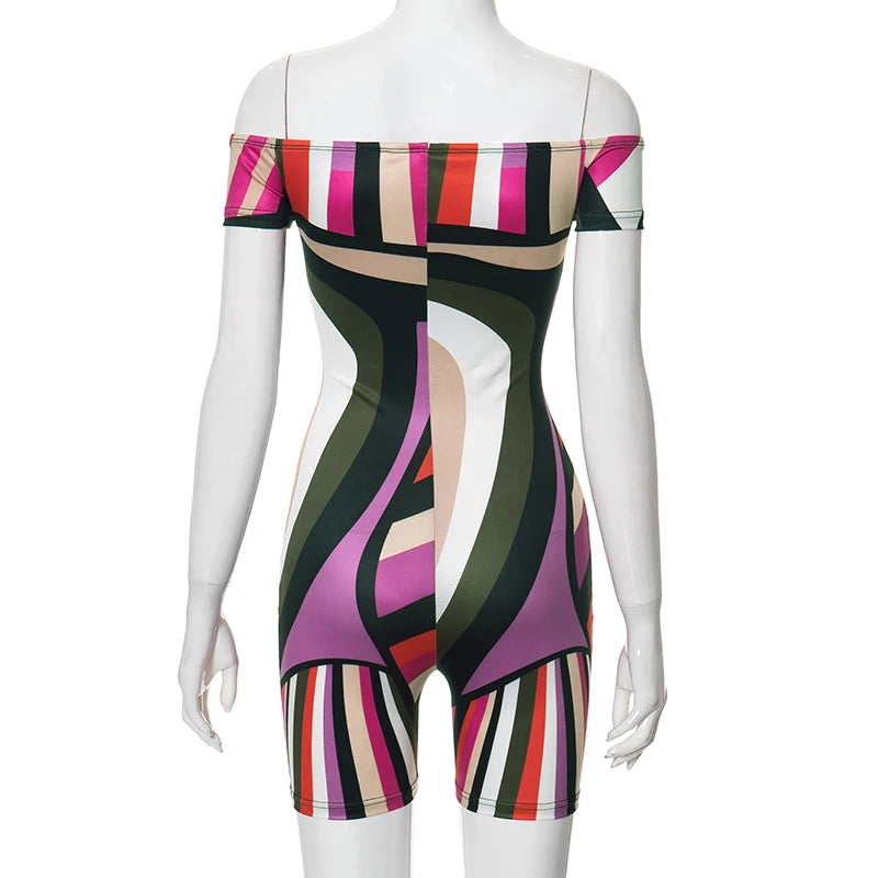 CUTENOVA Colorful Striped Print Playsuits Women Sexy Off Shoulder Short Sleeve Slim One Piece Overalls 2024 Summer Y2K Streetwea
