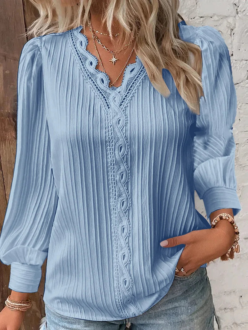 Women's Hollow Lace Patchwork V-Neck Long Sleeve Blouse