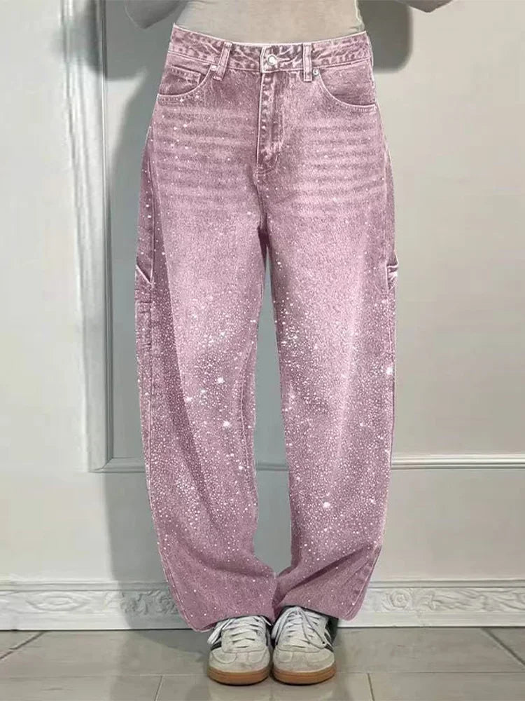 Women's Rhinestone Baggy Wide-Leg Washed Denim Jeans