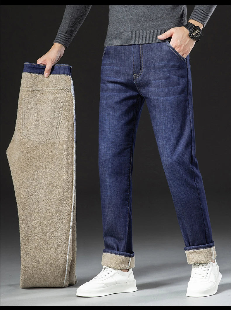 Men's Winter Fleece-Lined Lamb Denim Straight Stretch Jeans, Size 40