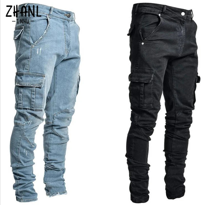Men's Solid Wash Mid-Waist Multi-Pocket Denim Cargo Jeans