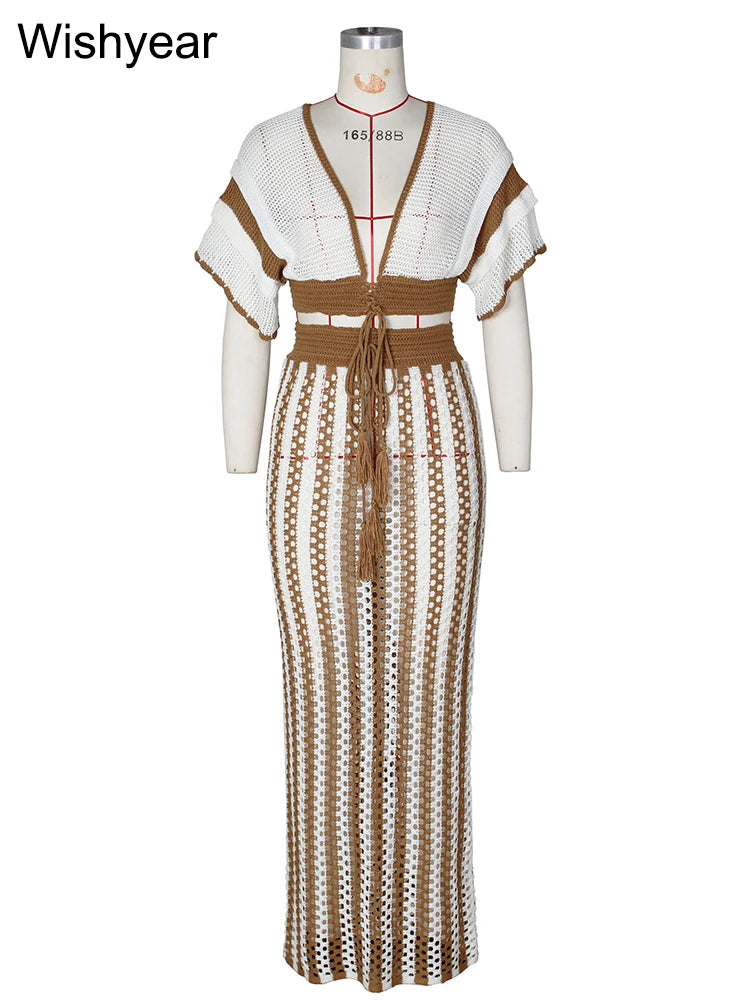 Women's Black Stripe Crochet Crop Top and Long Skirt Set