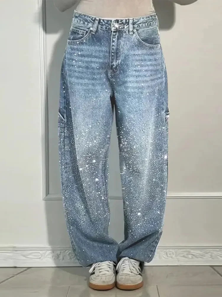 Women's Rhinestone Baggy Wide-Leg Washed Denim Jeans