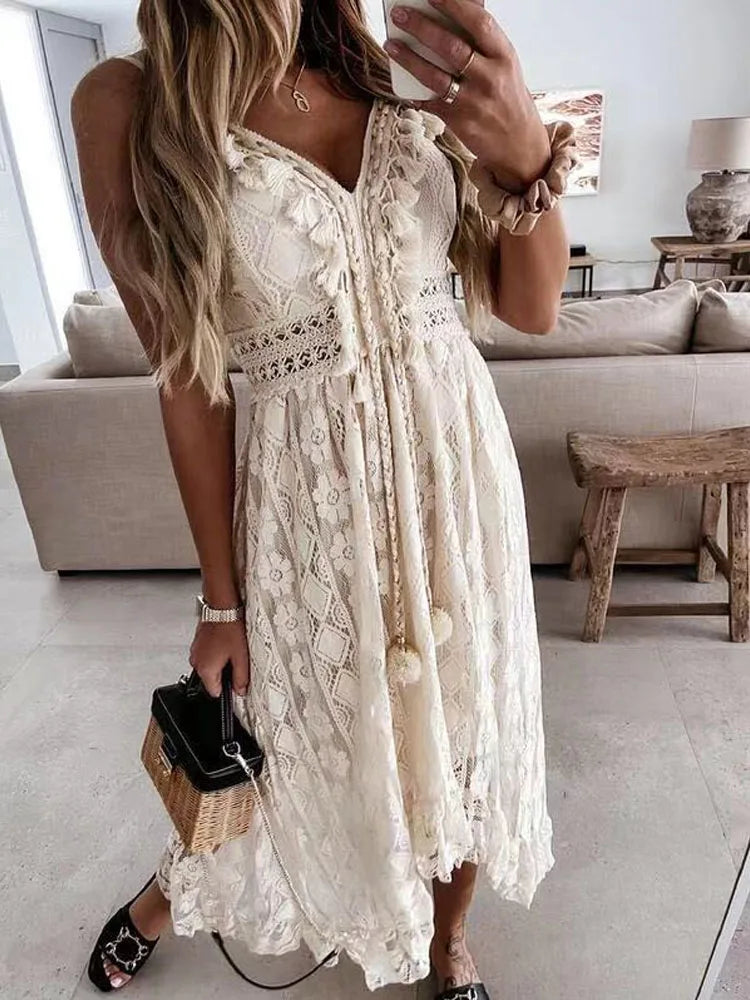 Elegant Lady Summer Lace Dress Holiday V Neck Spaghetti Strap Sundress Boho White Maxi Dress for Women Vestidos De Mujer 22194