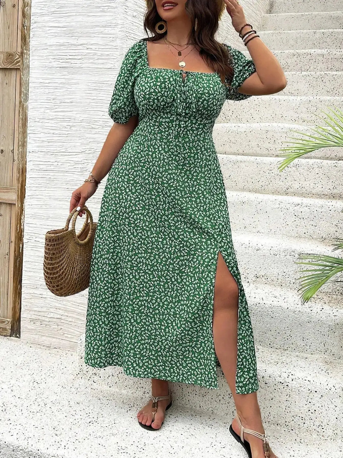 Ditsy Floral Print Square Neck Dress, Casual Fashion Long Sleeve Dress for Daily Outdoor Wear