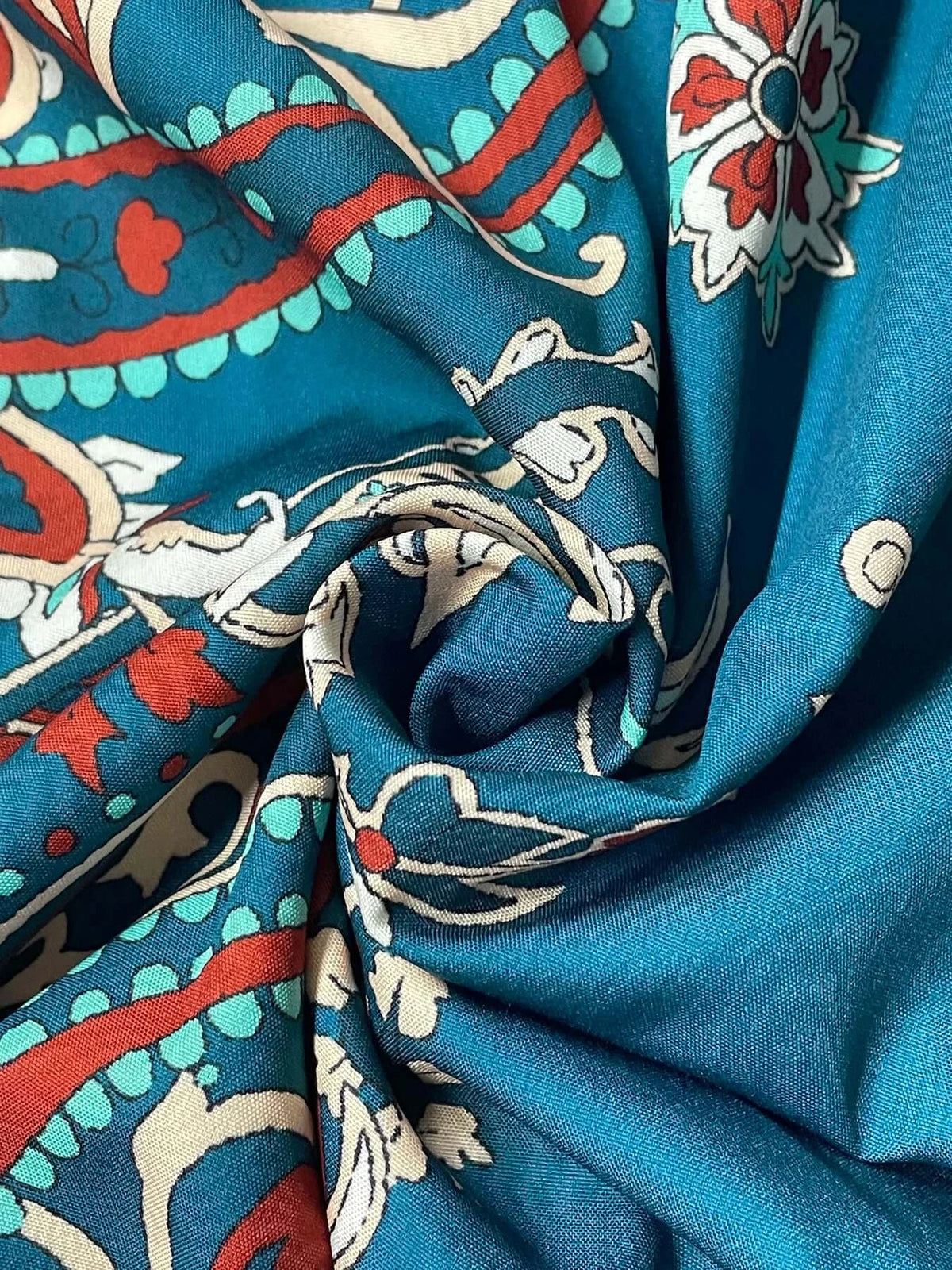 Women's Vintage Print V-Neck Belted Long-Sleeve Holiday Dress