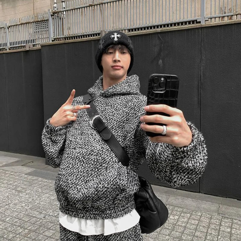 Men's Retro Wool Velvet Hooded Sweatshirt, High-Street Casual Suit Style