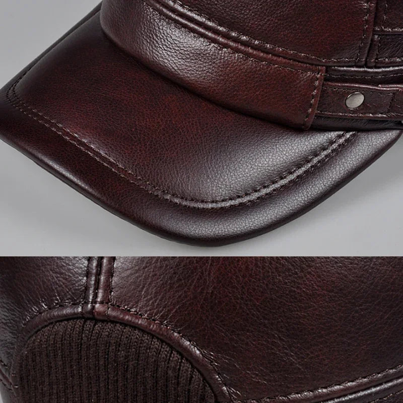 Men's Winter Genuine Leather Flat Military Baseball Cap, Ear Warm Hat