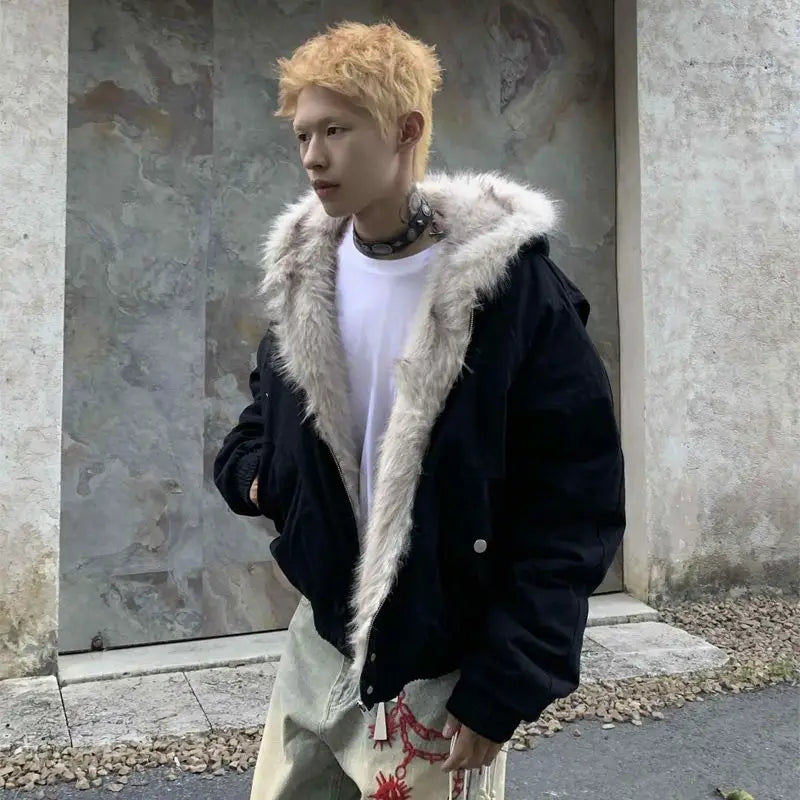 Men's Wool Collar Hooded Winter Cotton Jacket