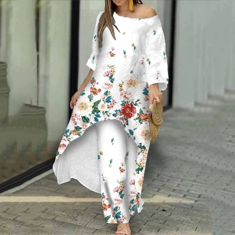 Women's Floral Print Irregular Hem Top and Wide-Leg Pants Two-Piece Set