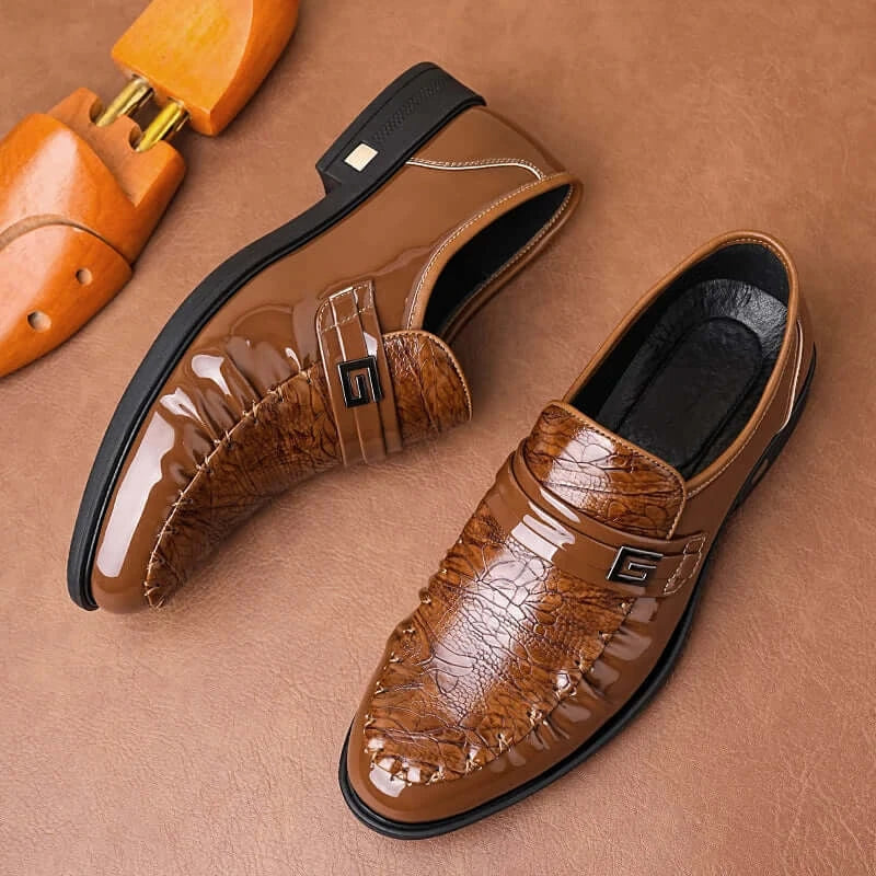 Men's Brown Crocodile Patent Leather Slip-On Loafer Oxfords