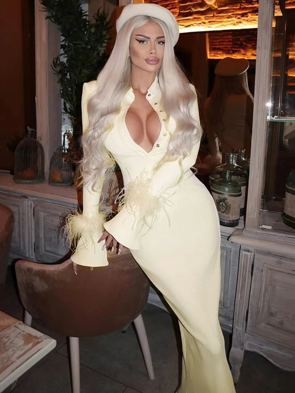 Modphy Ladies Yellow Feathers Bodycon Bandage Maxi Dress Rayon High Quality Sexy Long Sleeve Ribbed Long Dresses 2022 Vestidos