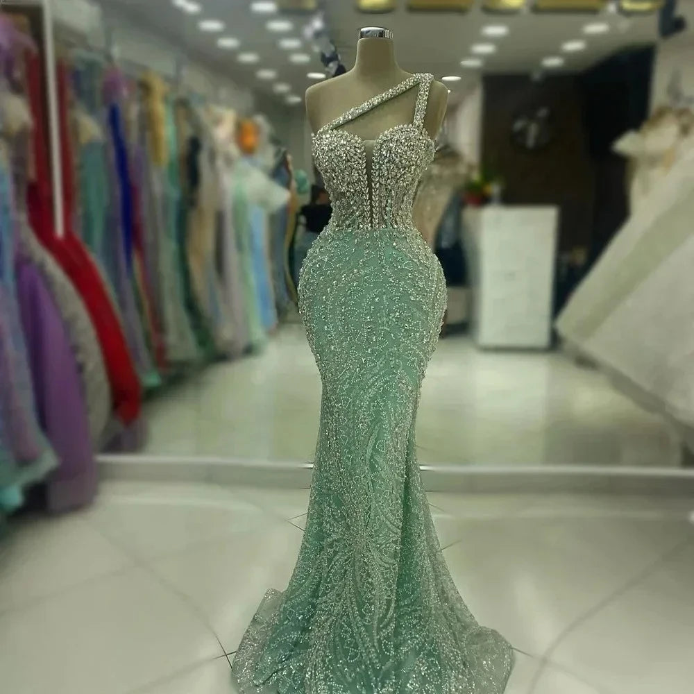 Women's One Shoulder Backless Beaded Fishtail Evening Gown