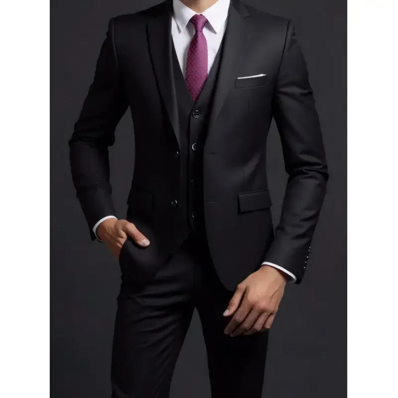 Men's British Solid Three-Piece Gentleman Suit, Business and Wedding
