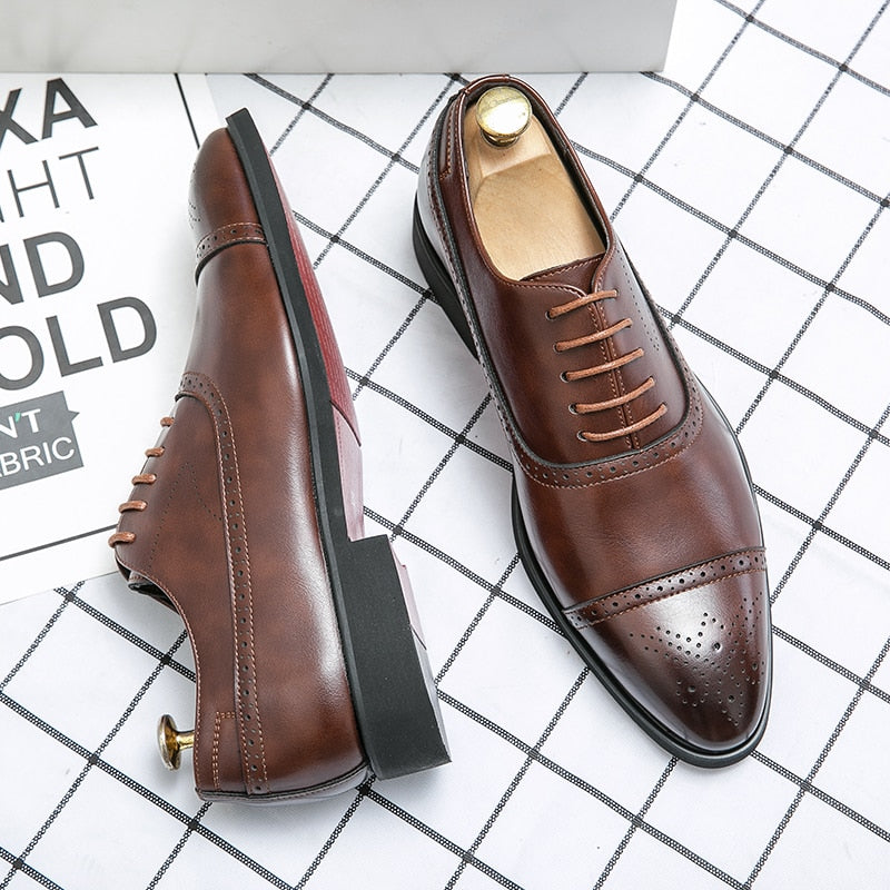 Oksfordice za muškarce, smeđe i crne poslovne cipele na vezanje od PU-materijala, uredske brogue cipele, elegantne muške cipele