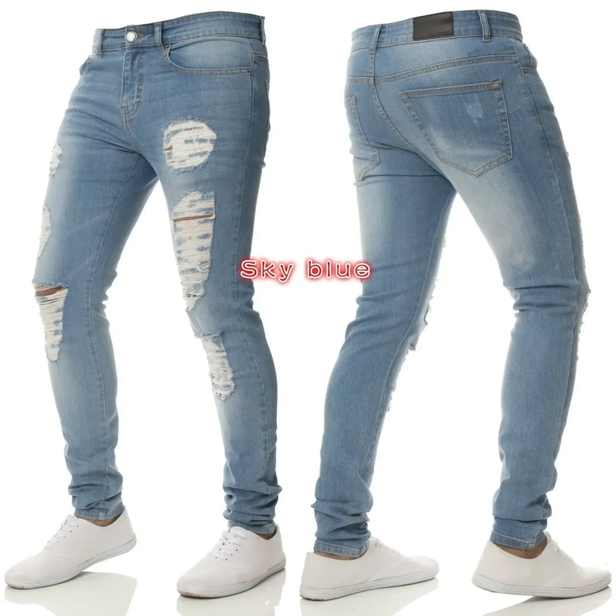 Men's White Embroidered Ripped Skinny Jeans — Stretch Denim