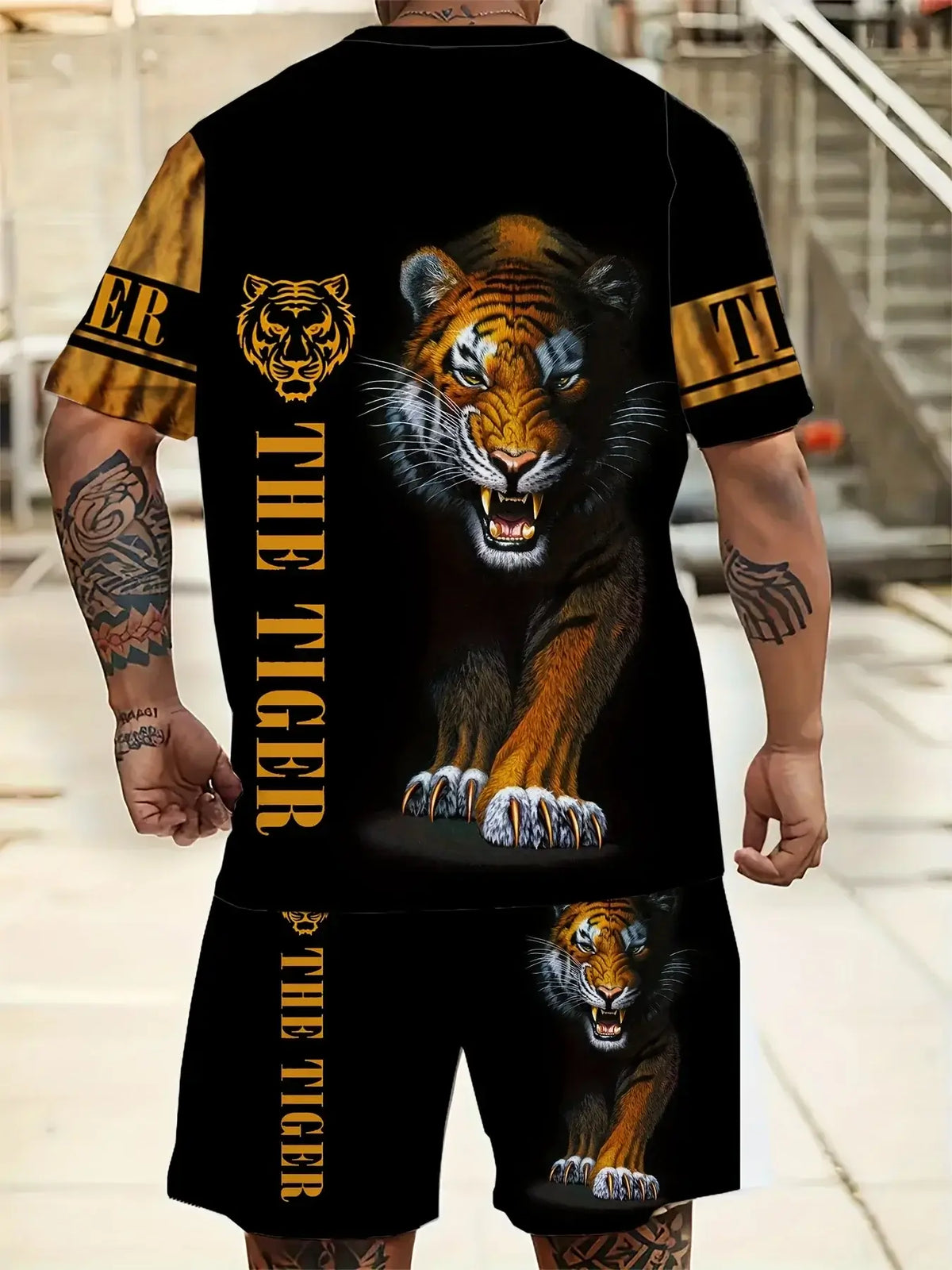 Men's Plus-Size Tiger-Print Round-Neck T-Shirt and Shorts Two-Piece Set