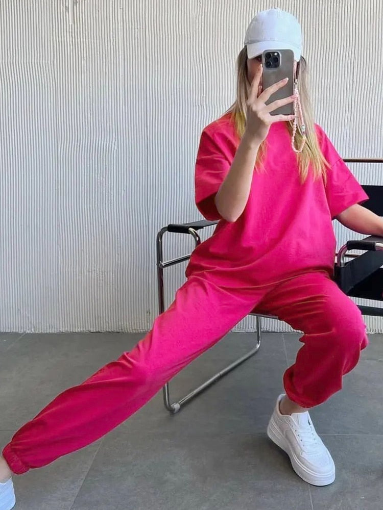 Women's Cotton Oversized Top and Pants Two-Piece Tracksuit