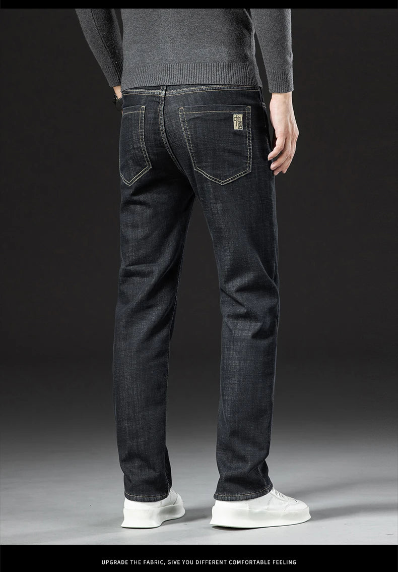Men's Winter Fleece-Lined Lamb Denim Straight Stretch Jeans, Size 40