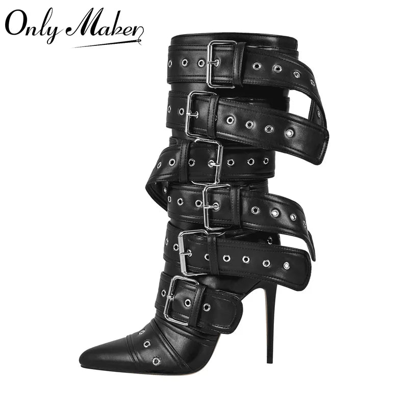 Women's Pointed-Toe Mid-Calf Stiletto Boots with Buckle