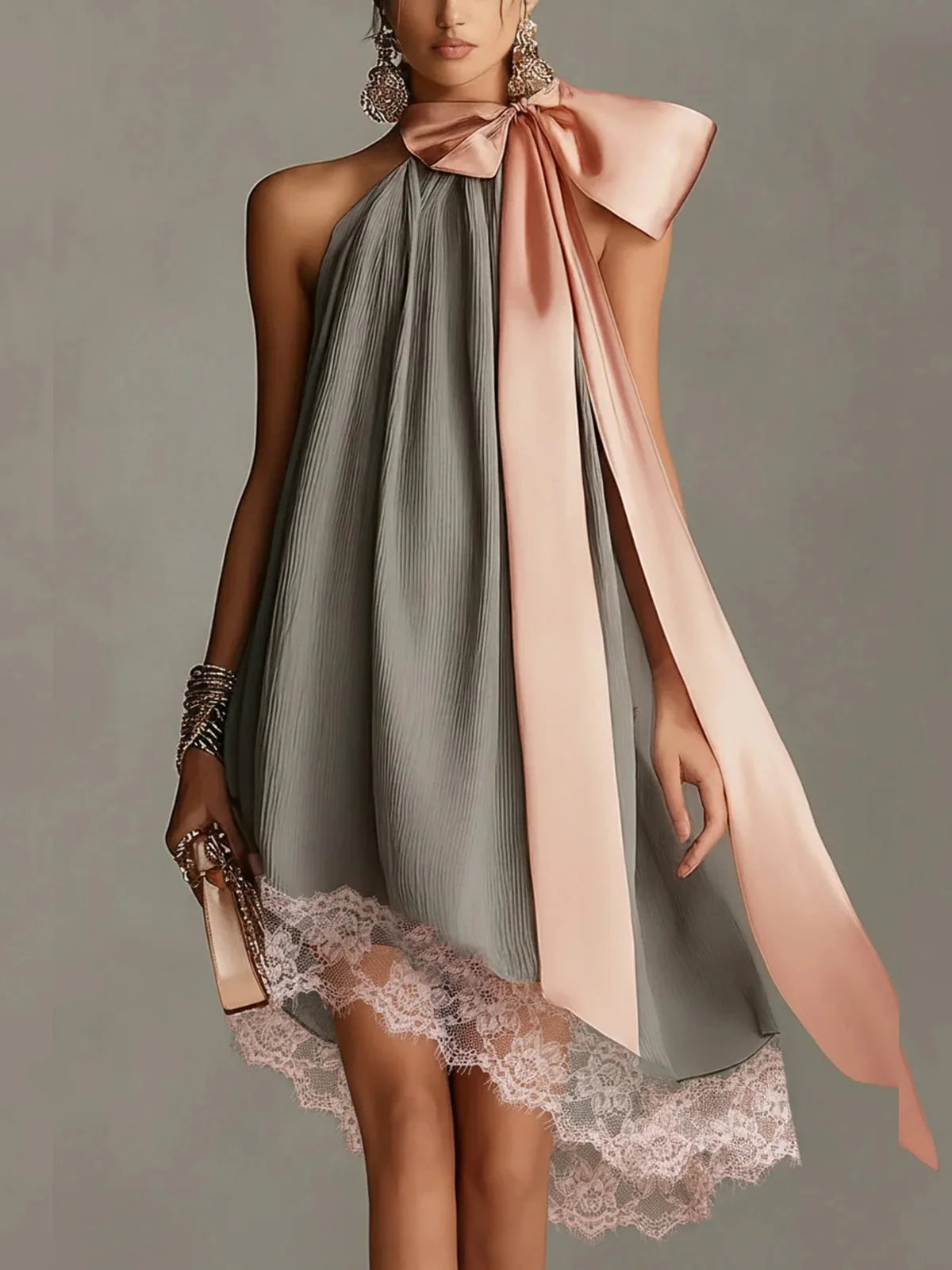 Pleated Halter Mini Dress for Women Pink Satin Big Bow Neck Tie Sleeveless Loose Flowy Elegant Cocktail Wedding Guest Dress