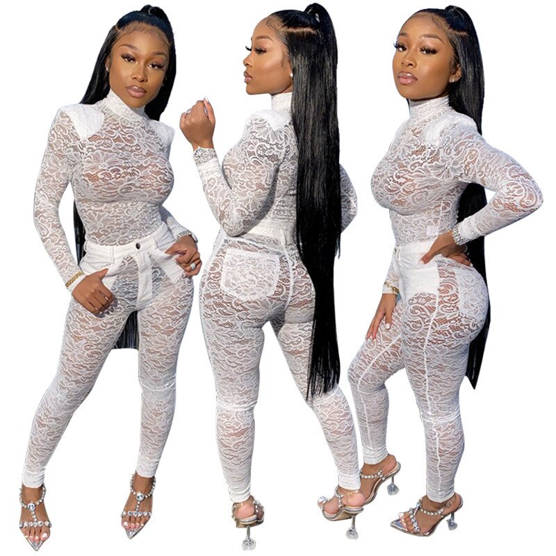 2020 New Spring Women Pants Suit 2 Piece Set Lace Sexy Night Club Tracksuits Outfits