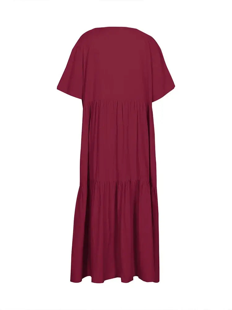Women's Plus Size Loose V-Neck Pleated Long Dress