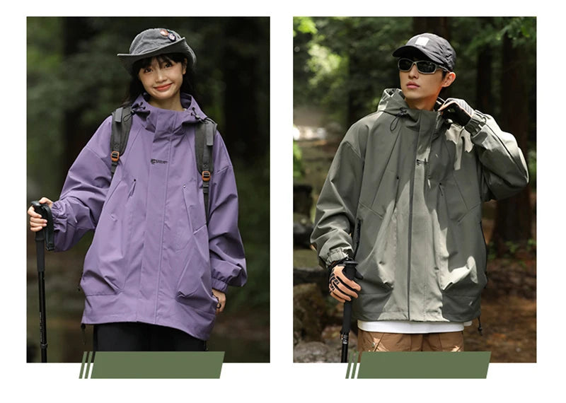 2024 New Men's Outdoor Hooded Windbreaker Jacket Autumn Waterproof Hiking Bomber Jackets Women Trekking Softshell Coats