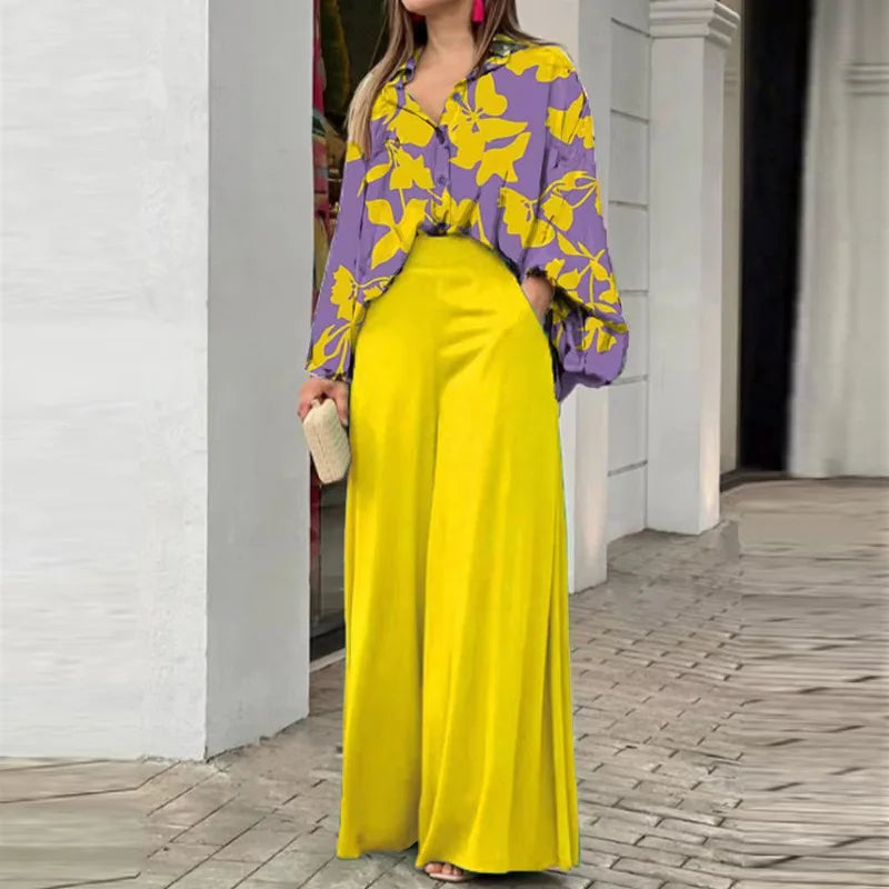 Spring Autumn New Women's Fashion Printed Single Breasted Shirt Solid Color Pants Casual Comfort Two Piece Set