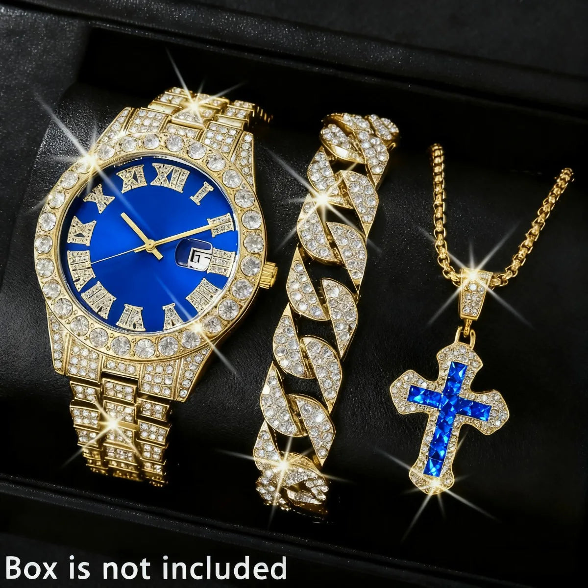 3PCS Luxury Full Diamond Men Watch Bracelet Necklace Set Fashion Hip Pop Men's Calendar Quartz Watches Reloj Mujer(Without Box)