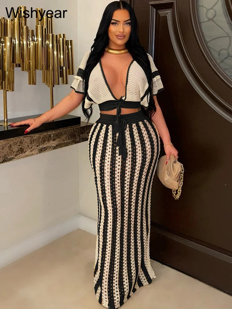 Women's Black Stripe Crochet Crop Top and Long Skirt Set