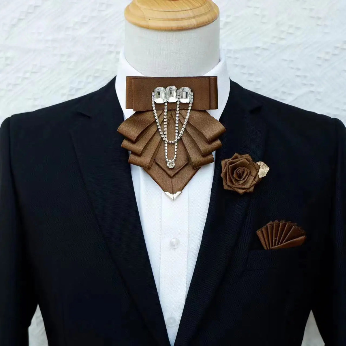 Men's Rhinestone Tassel Bow Tie and Brooch 3-Piece Set