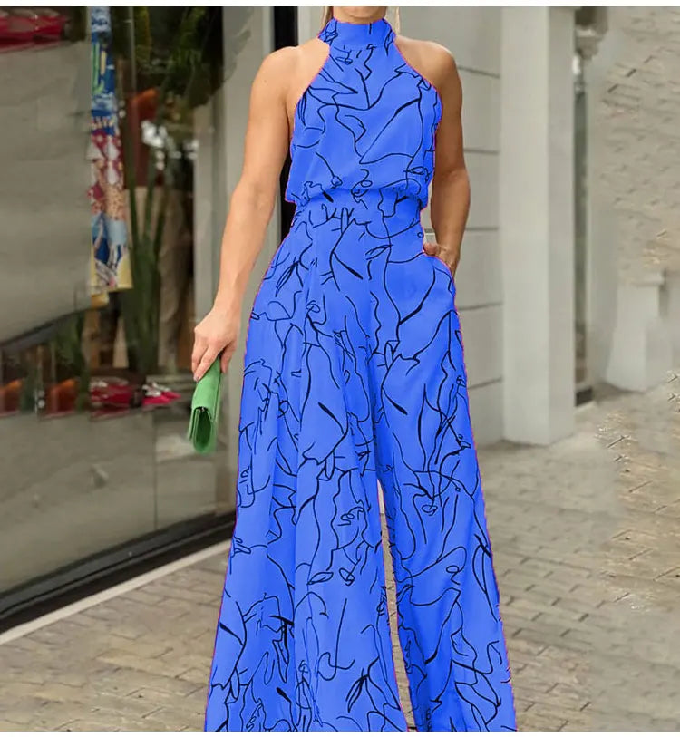 Women's Print Halter Wide-Leg Sleeveless Jumpsuit