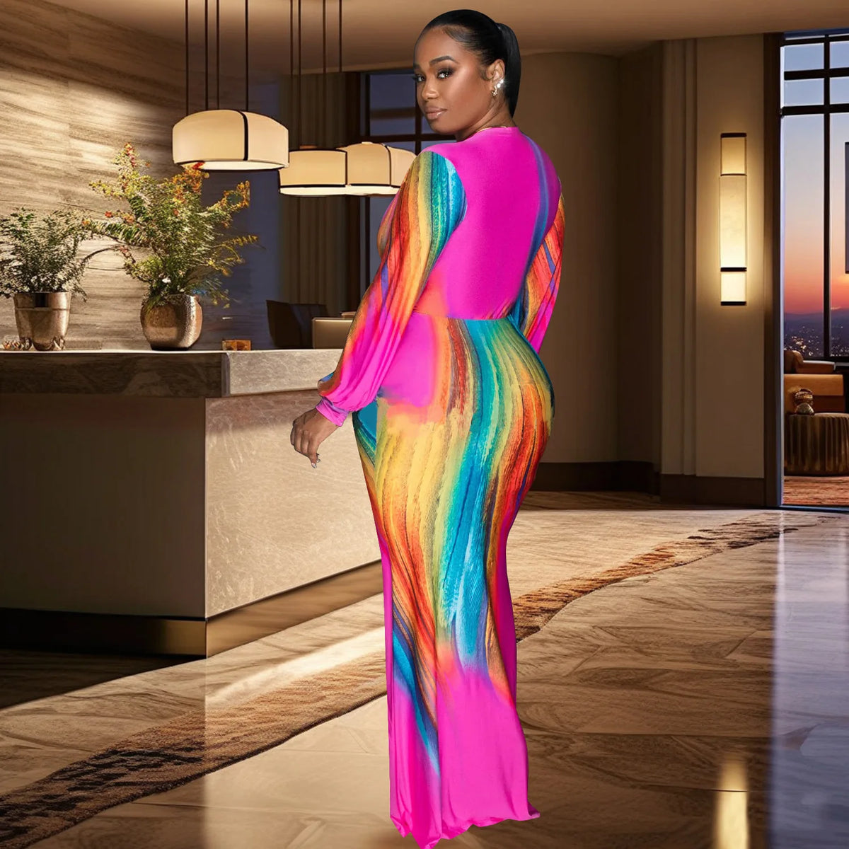 Women's Full Sleeve V-Neck Ruched Gradient Maxi Dress