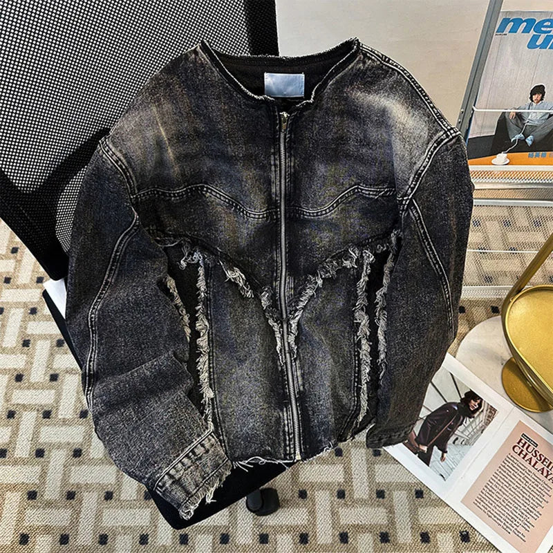 Men's Fringed Denim Set 2026 Spring New American Retro Washed Shoulder Padded Zipper Jacket Splicing Jeans Two Pieces Sets