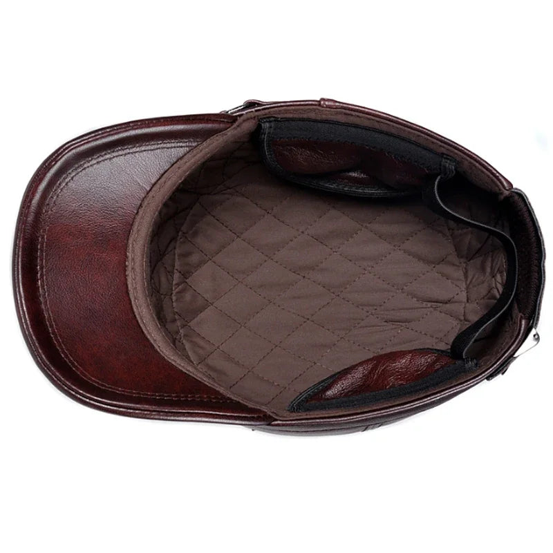 Men's Winter Genuine Leather Flat Military Baseball Cap, Ear Warm Hat