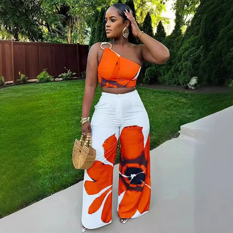 Women's One Shoulder Crop Top and Wide Leg Pants Set