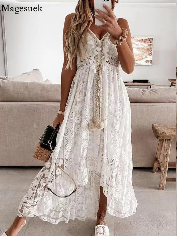 Elegant Lady Summer Lace Dress Holiday V Neck Spaghetti Strap Sundress Boho White Maxi Dress for Women Vestidos De Mujer 22194