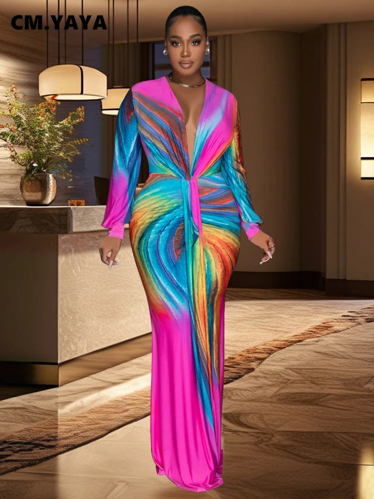 Women's Full Sleeve V-Neck Ruched Gradient Maxi Dress