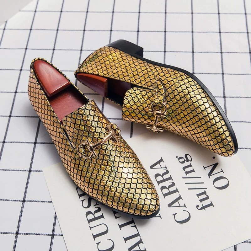 Men's Golden Pointed Genuine Leather Wedding Dress Shoes