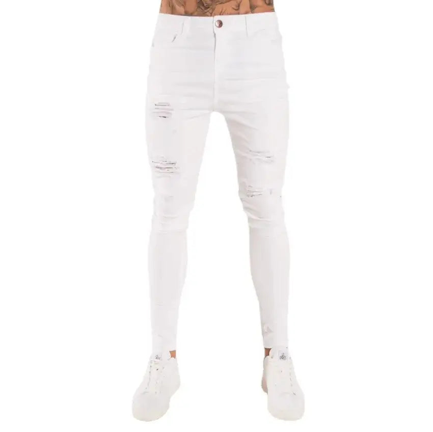 Men's White Embroidered Ripped Skinny Jeans — Stretch Denim