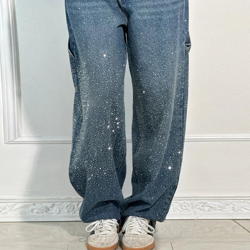 Women's Rhinestone Baggy Wide-Leg Washed Denim Jeans