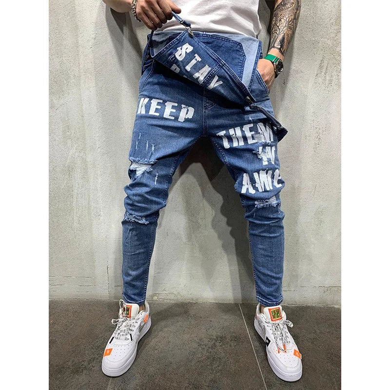 Men's Letter Print Ripped Denim Overalls Jumpsuit Streetwear