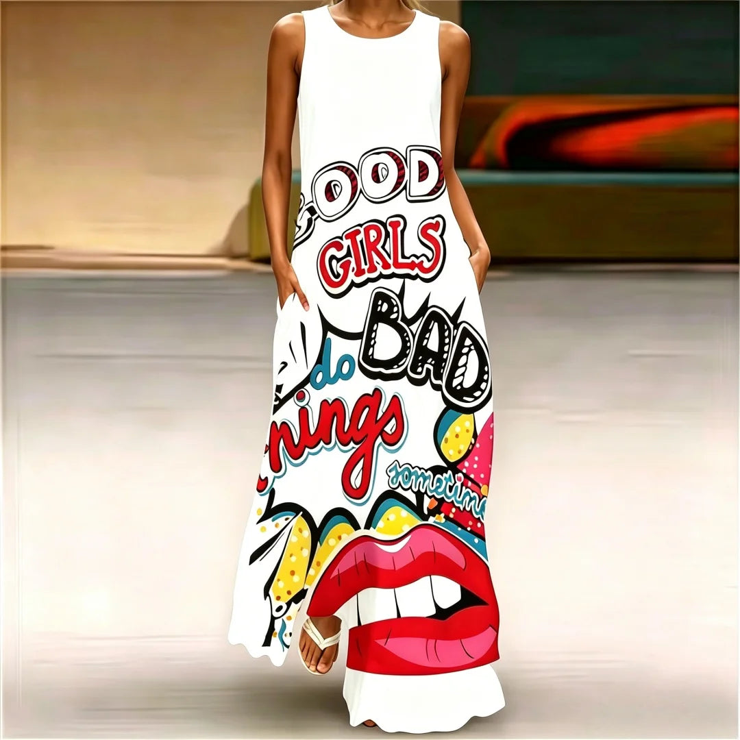 2026 Abstract Mask Printing Long Dress For Womens Sexy Sleeveless Tank Long Dress V-Neck Casual Clothing Women Robe Maxi Dress