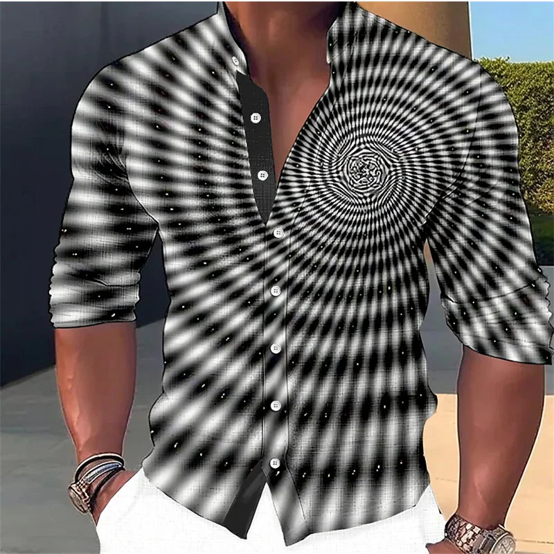 Men's Optical Illusion Graphic Stand Collar Long Sleeve Shirt