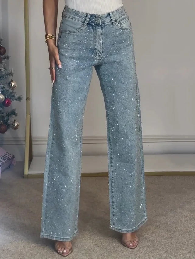 Women's High-Waist Rhinestone Straight Jeans — Distressed Vintage Wash