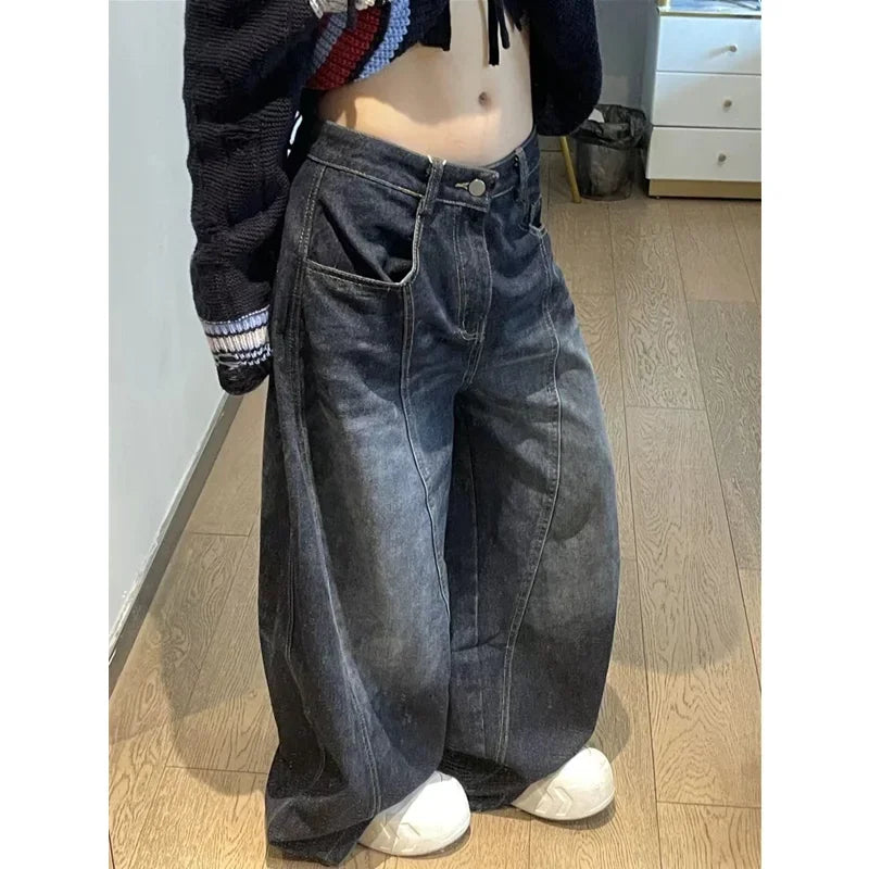 Women's Black High Waist Baggy Straight Wide Leg Jeans